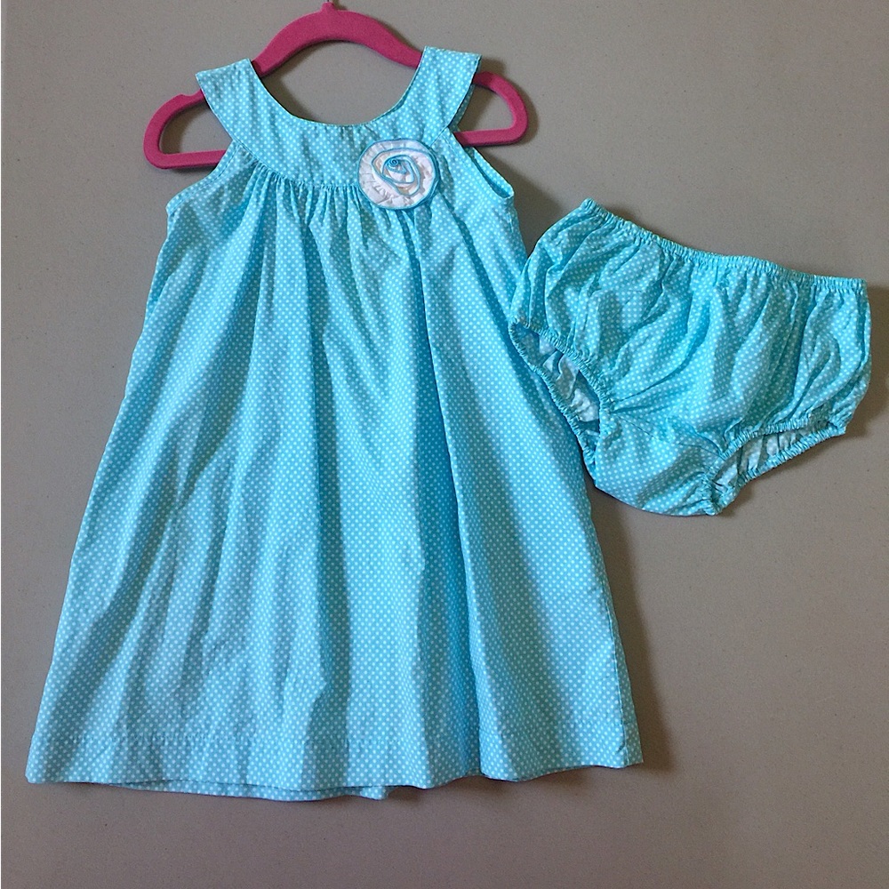 Fantaisie Kids Swing Dress w/ Bloomers Girl’s 2T Cotton Aqua Dot Boutique